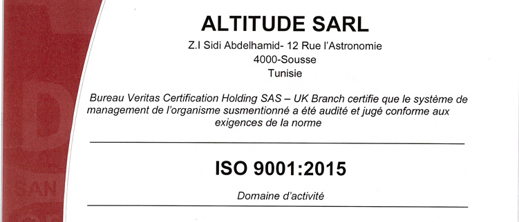 Altitude Industrie ISO 9001: 2015 Certification 